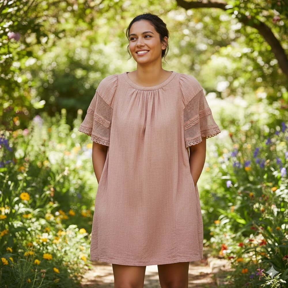 Old Navy Dusty Rose 100% Cotton Flutter-Sleeve Tie-Back Mini Swing Dress, Size X
